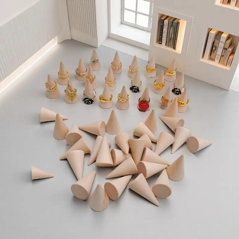 

3/7/14/21Pcs Vintage Natural Wood Finger Cone Ring Holder Jewelry Display Stand Organizer Storage Rack