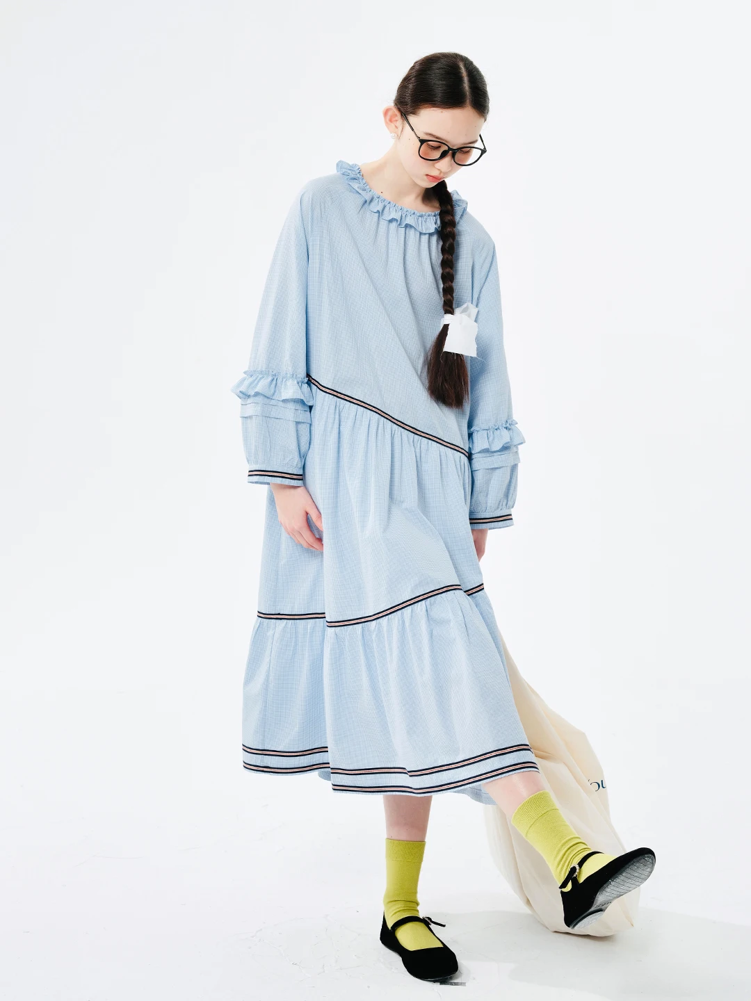 

IMAKOKONI original design blue long-sleeved round neck pullover lace splicing mid-length dress 244520