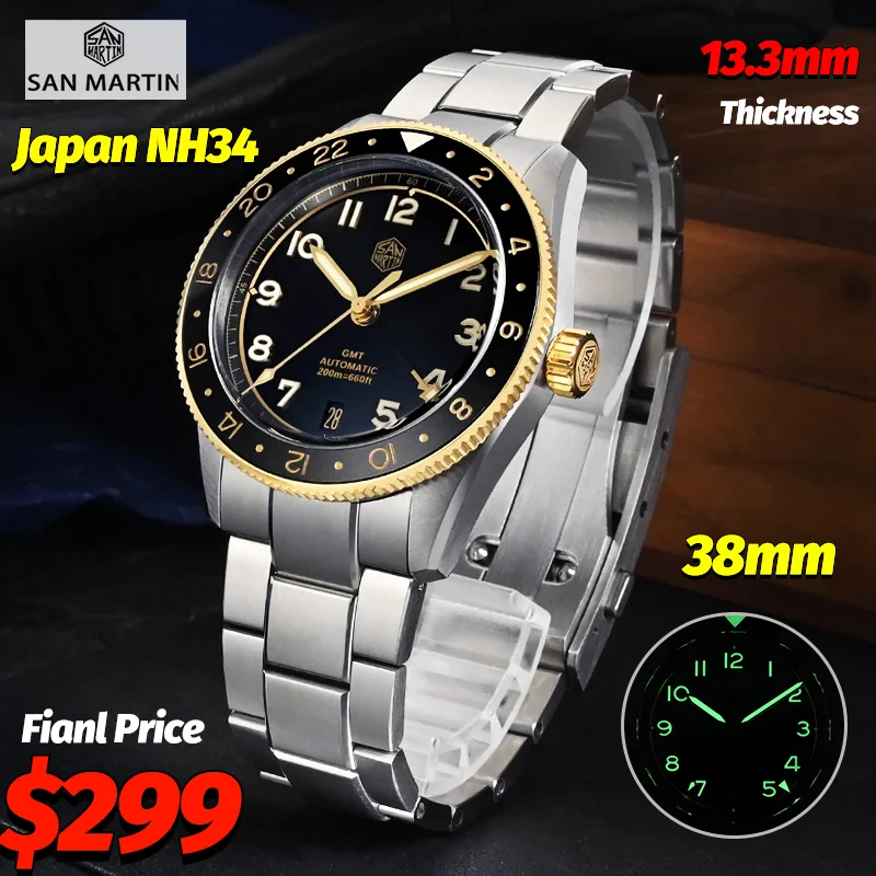 

Часы San Martin SN0140W GMT для дайвинга, 38 мм, с автоматическим механизмом NH34, сапфировым стеклом Bubble, подсветкой BGW-9 C3, водонепроницаемостью 200 м, роскошные механические часы