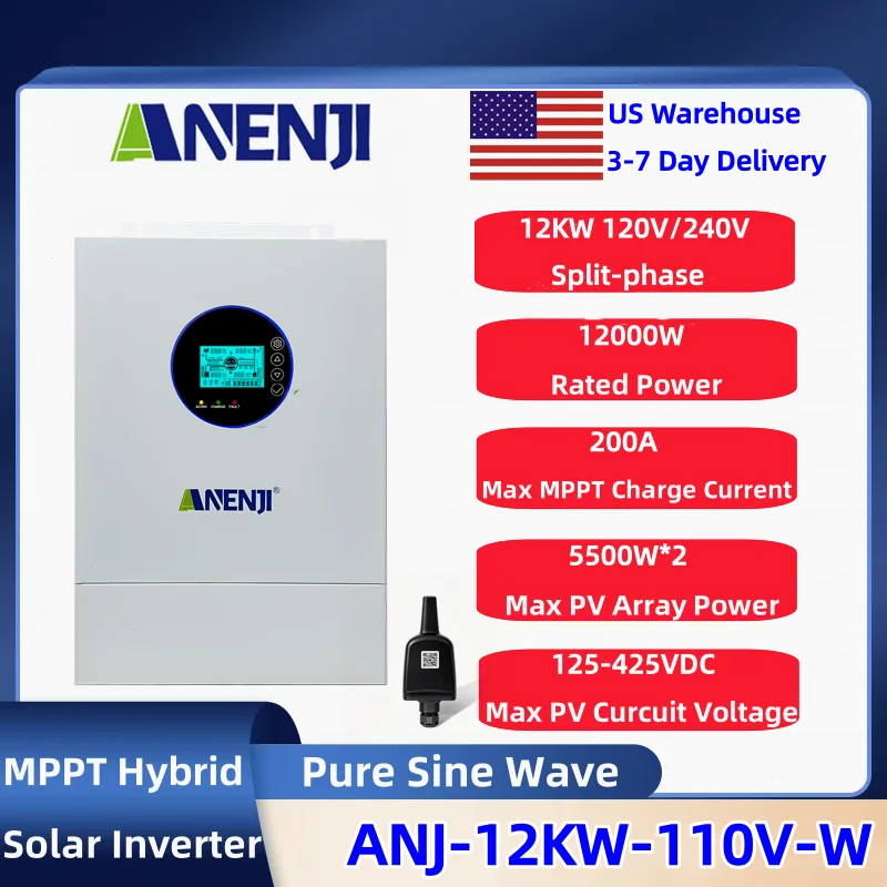 ANENJI Split-Phase 12KW 120v/240v Parallel Solar Inverter Hybrid Dual MPPT Dual Output Built-in MPPT 200A Solar Charger Fit Home Storage Energy