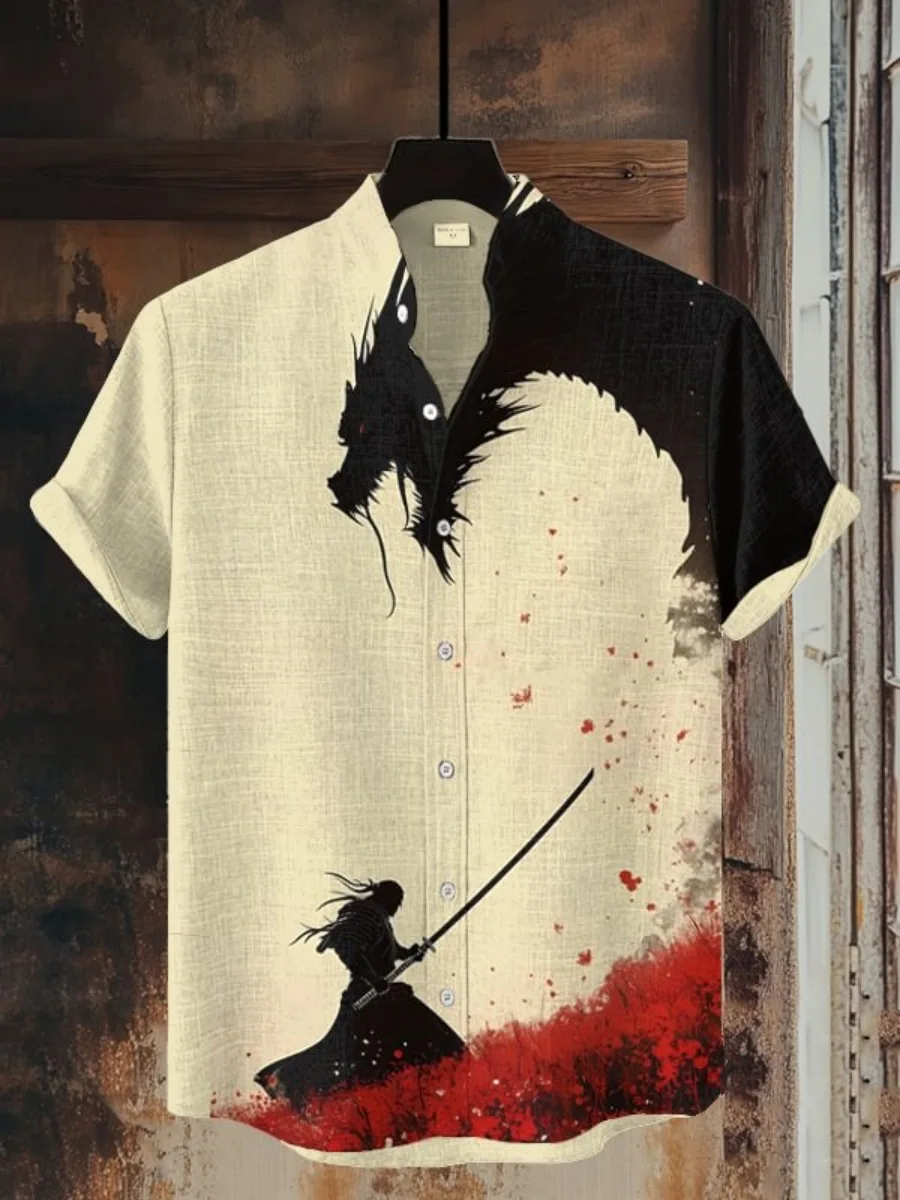 

Модная мужская повседневная и удобная рубашка с 3D принтом воина, летняя рубашка с короткими рукавами и воротником-стойкой на пуговицах