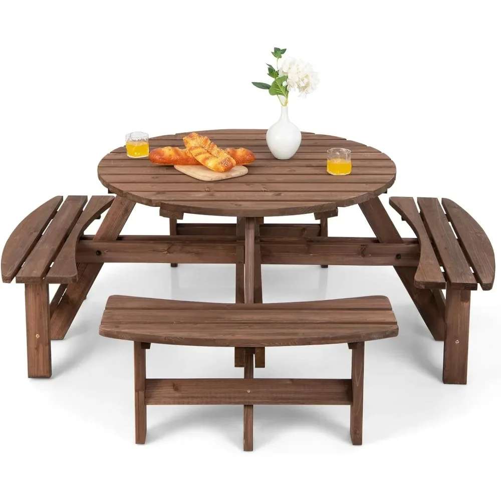 8 Person Wood Picnic Table, Outdoor Round Picnic Table with 4 Built-in Benches Outside Table and Bench Set