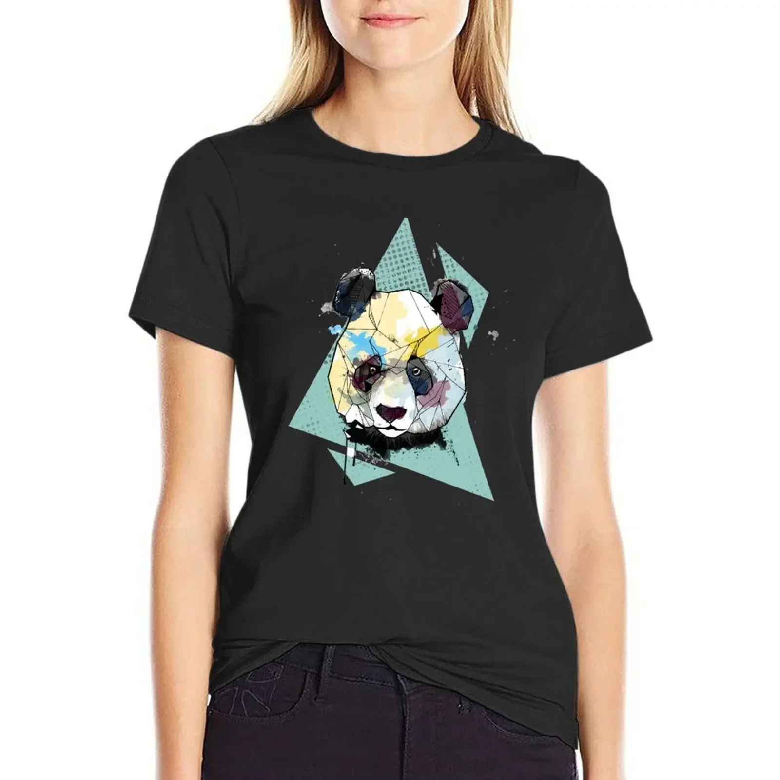 

Geometric Watercolor Panda Bear T-Shirt sweat funny anime animal print tops for Women