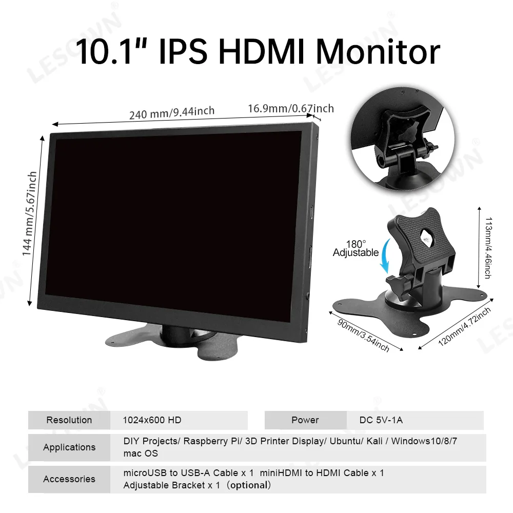 LESOWN 10.1inch 3D Printer External Monitor 1024x600 Aluminum Screen HDTV VESA Secondary Display for OctoPrint PC Rig