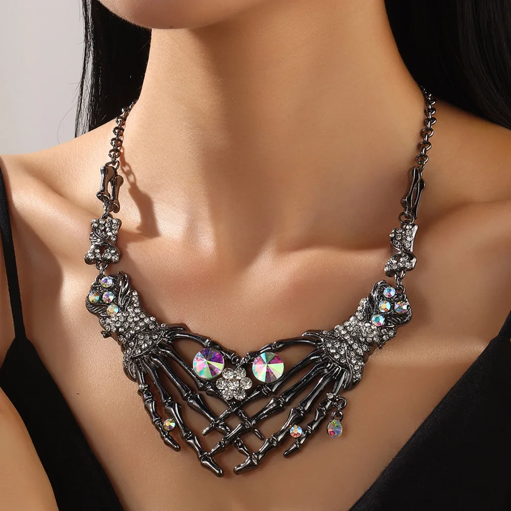 New Halloween Jewelry Sets Gothic Punk Rhinestones Bone Ghost Hand Necklace And Earrings For Women Easter Accessories