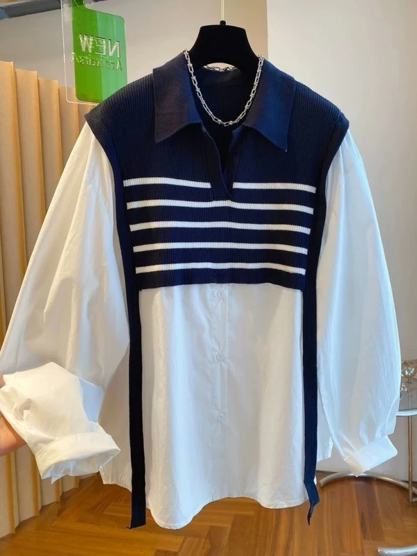 

plus Size 300 Pounds Color Block Long Sleeve Shirt Men's Spring Autumn Korean Style Fake Two-Piece Breathable Comfortable