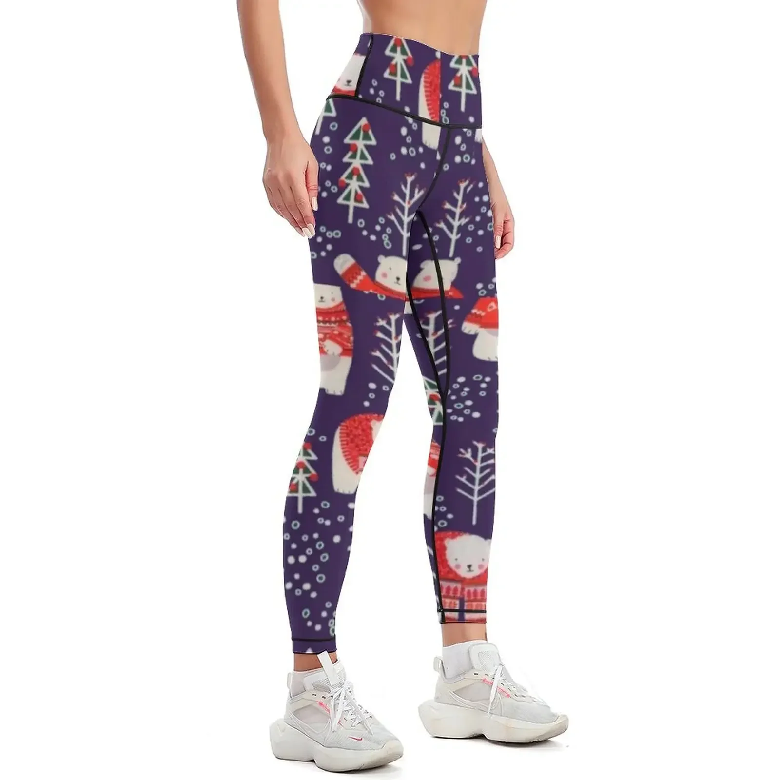 Christmas Cute Snow Bear Wearing Xmas Red Clothes Pattern Leggings leggins push up woman gym womans sport set Womens Leggings