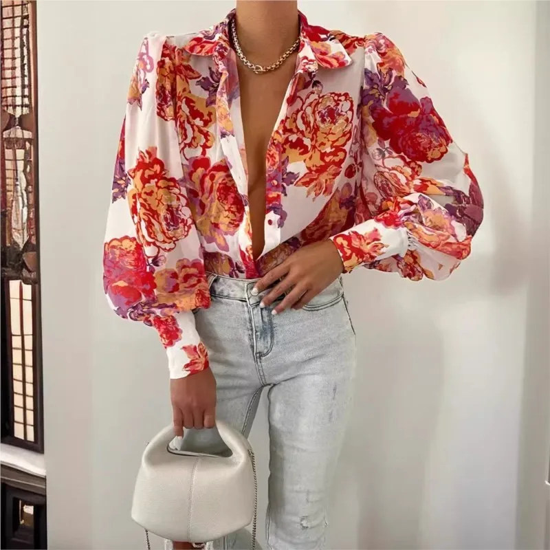 Casual Laterne Hülse Druck Hemd Bluse Frauen Mode Frühling Herbst Taste Shirts Für frauen 2024 Boho Strand Stil Shirts tops