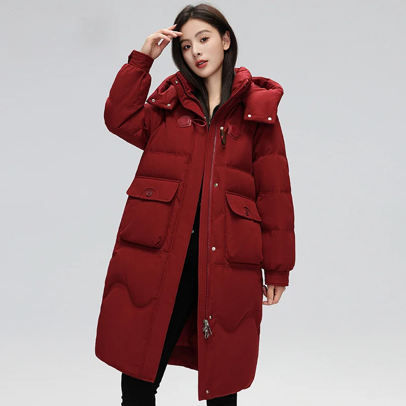 

New Winter Jacket Women White Duck Down Warm Mid-length Down Jacket Fashion Cow Horn Buckle Hooded Loose Thicked Women's Jackets