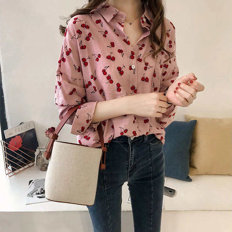 Spring Autumn Cherry Print Sweet Oversized Casual Shirt Ladies Single Breasted Long Sleeve Blouse Top Women Elegant Wild Blusa