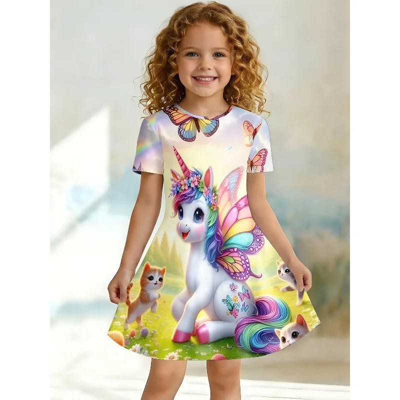 Girl Rainbow Unicorn and Kitten Printed T-shirt Dress, Butterfly Garden Children's Casual Dress Suitable for Birthday Gifts