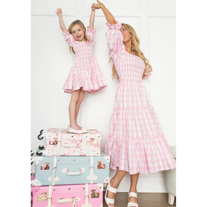 Summer Mother and Daughter Clothes Family Matching Outfits Mom and Daughter Dress  Long Dress Grid Flower Mommy and Me Clothes