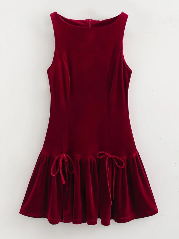 Zevity 2024 Women Fashion Bow Lace Up Decoration Red Color Velvet Mini Dress Female Chic Sleeveless Hem Pleated Vestidos DS7300