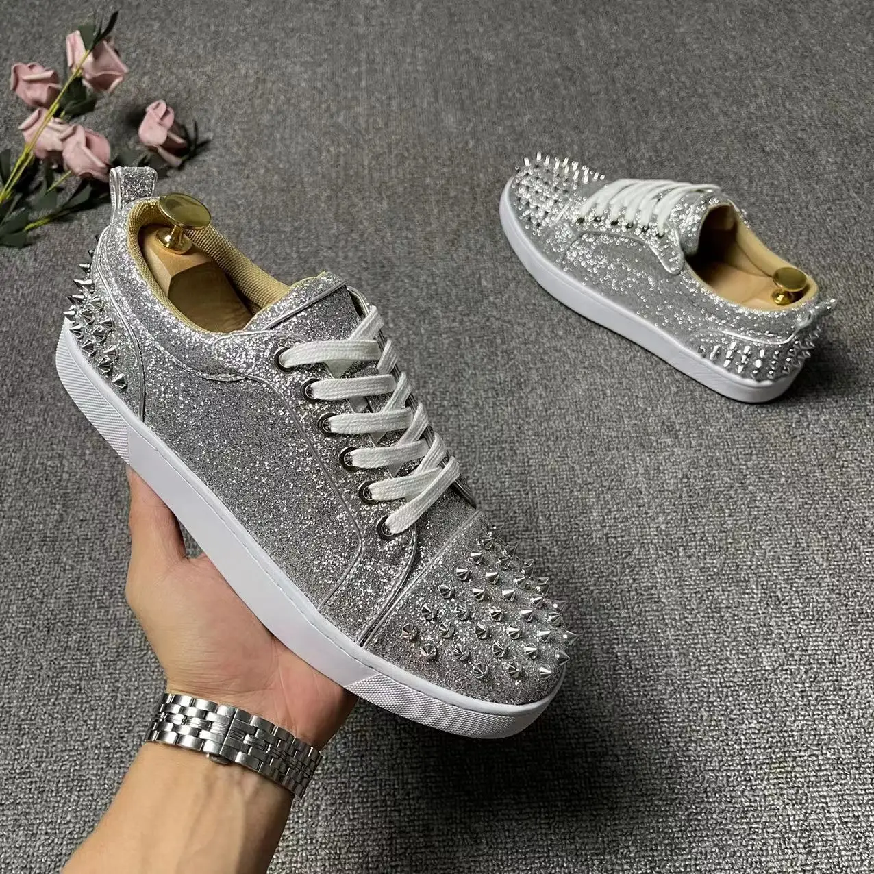 

men fashion stage nightclub dress rivets shoes lace-up flats platform shoe brand designer black white sneakers youth footwear