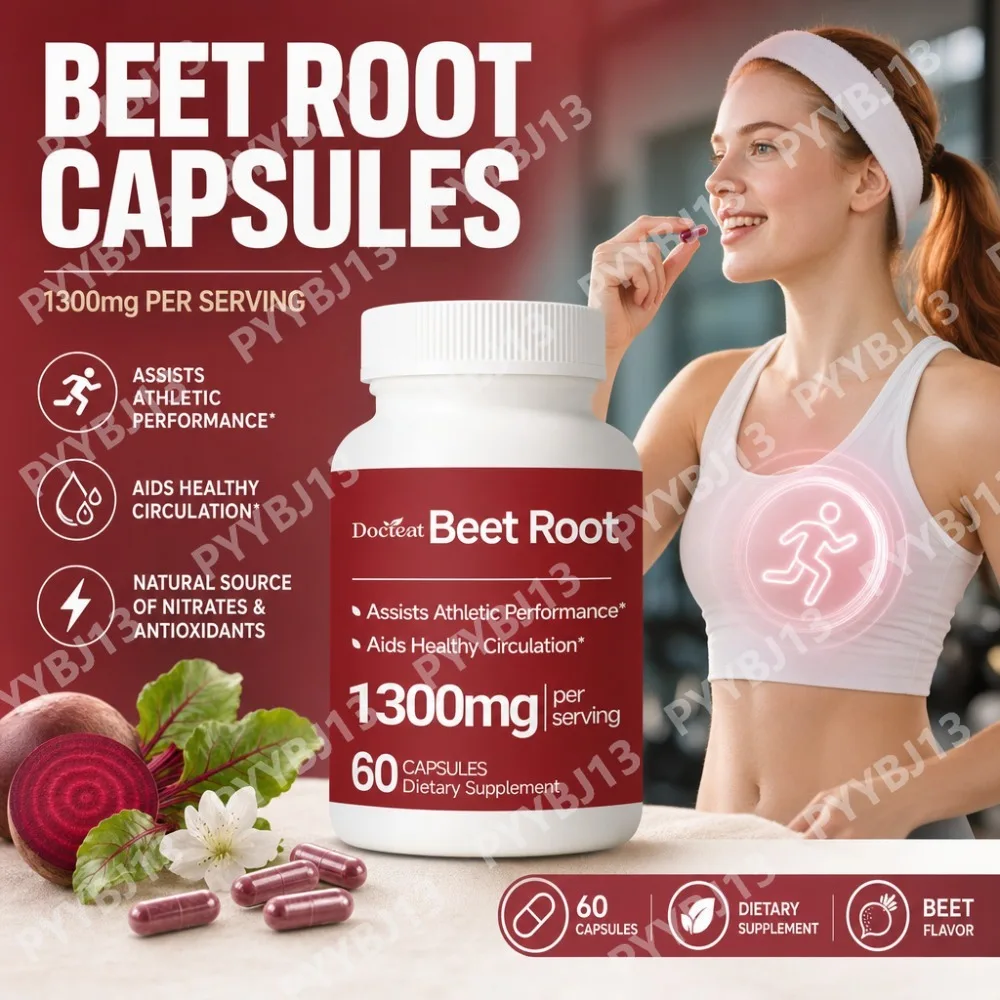 Docteat Beet Root Capsules Energy Support Beetroot Powder Supplement for Men Women 1300mg Per Serving 60 Capsules 30-Day Supply