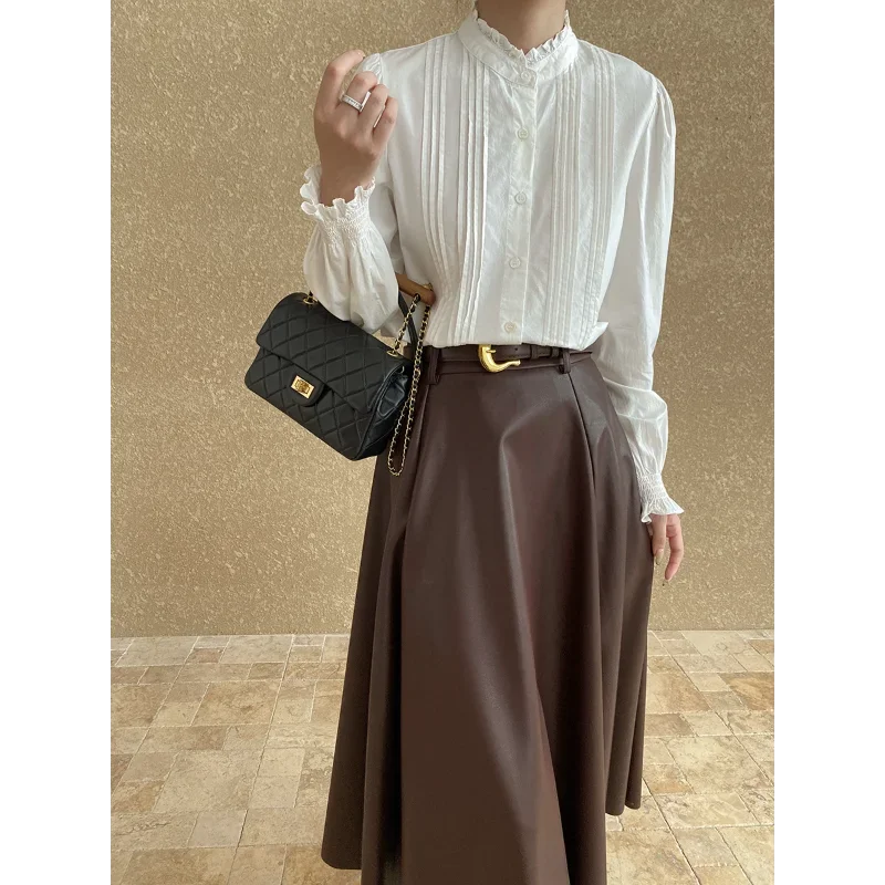 Francês vintage madeira orelha colarinho camisa feminina moda branco doce manga bolha coreia chique elegante básico escritório senhora blusa