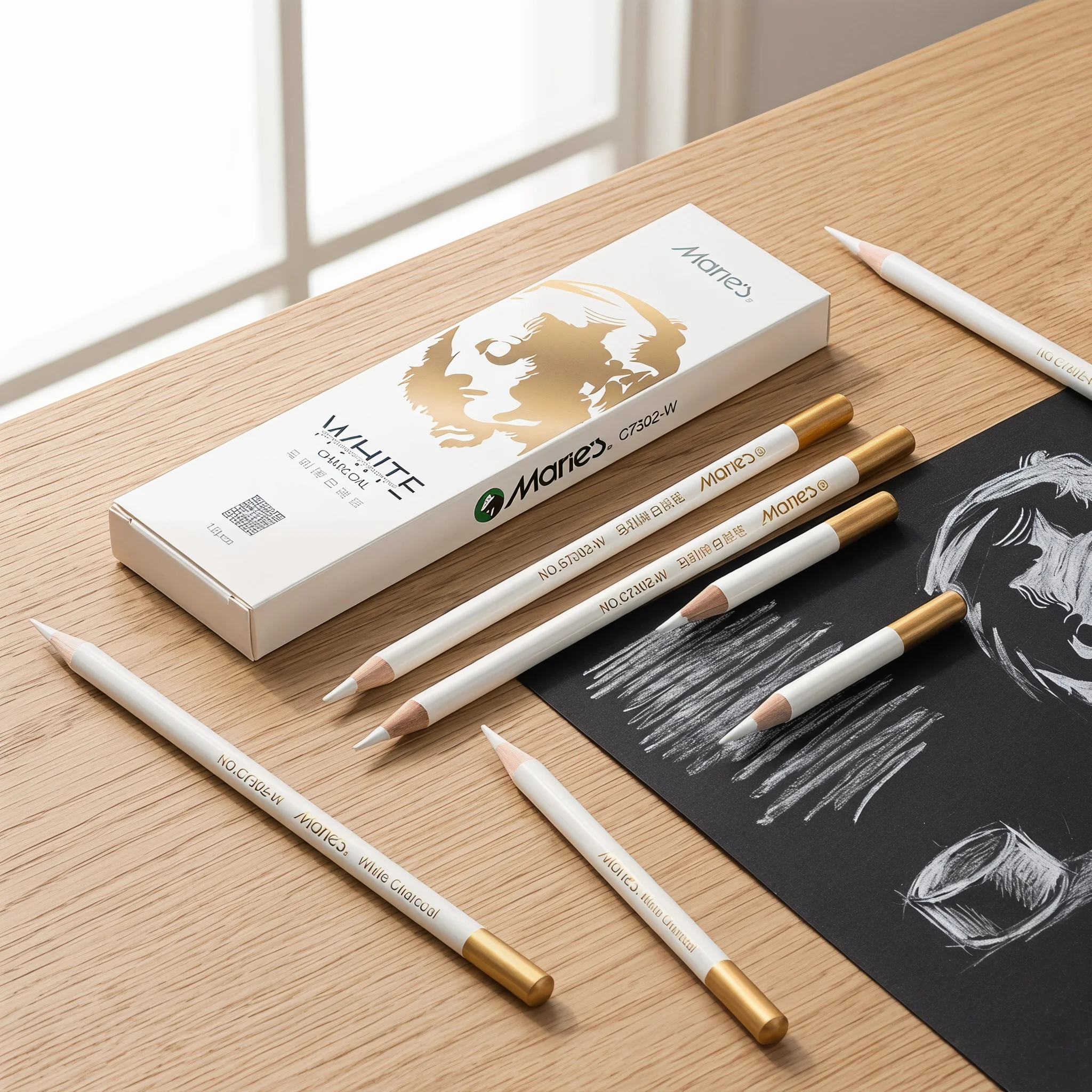 Marie's 12pcs White Highlight Charcoal Pencils, Suitable for Brightening Highlights, Drawing on Dark Paper, Sketching
