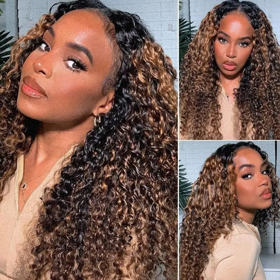 UNICE Brown Highlight FB30 Color Deep Curly Human Hair Weave 3/4 Bundles Dark Root 100% Human Hair Bundles Sew in Extensions