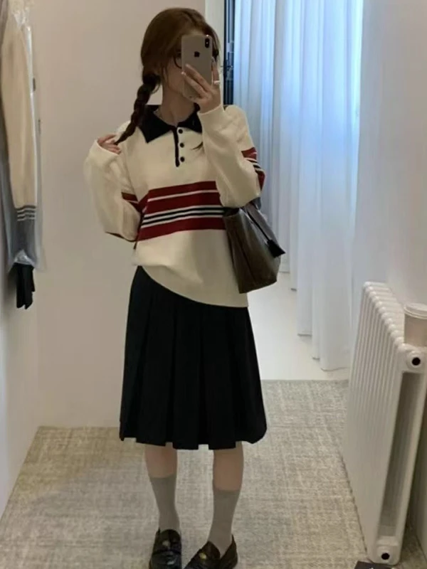 韓国 Sle 襟付きロング Sve ニットセーター レディース ルーズフィット 秋冬新作 Sle 細見えストライプトップ