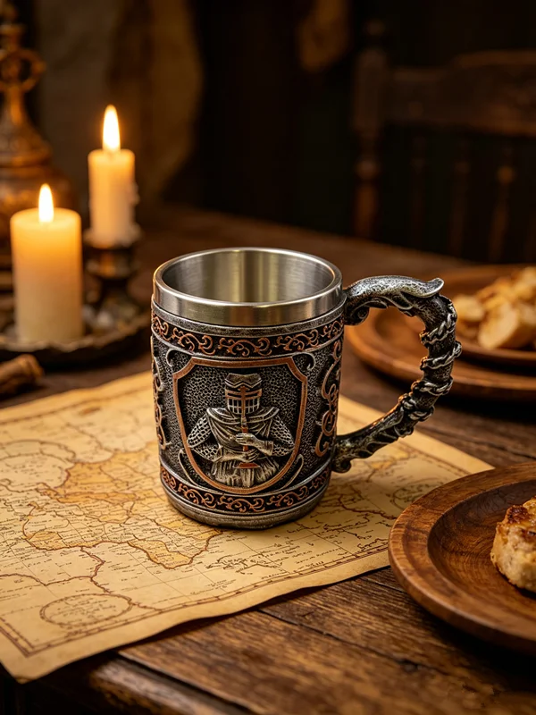 450ml/15oz Medieval Knight Beer Mug, 3D Crusader Warrior Coffee Cup, Resin Tankard with Stainless Steel Liner, Gothic Drinking C