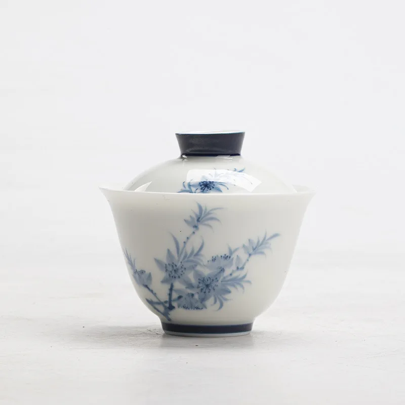 Jade Clay Porcelain Hand-painted and White Gaiwan Kung Fu Set Blue Colorful Long Spring Flower Household Tea Bowl