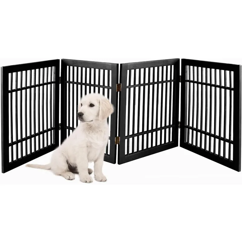 Pet Dog Gate Strong and Durable Freestanding Folding Acacia Hardwood Portable Wooden Fence Indoors or Outdoors