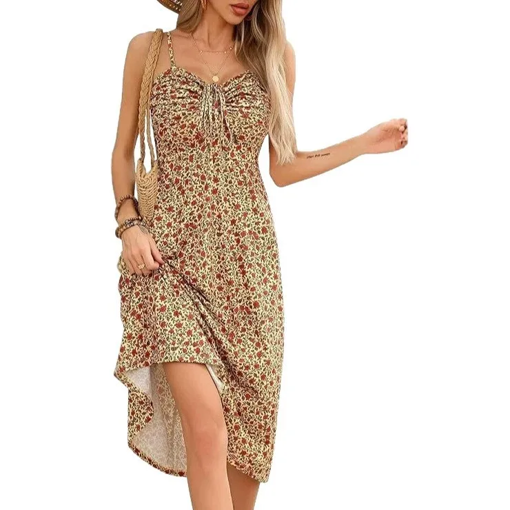 Elegant Women's Sleeveless Floral A Line Midi Dress with Spaghetti Strap High Waist Ruched Pullover Collarless Dress for Women