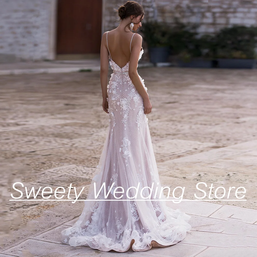 Champagne Memaid Wedding Dress Jiayigong Sexy Spaghetti Straps V Neck Lace Glitter Tulle Backless Vestido De Noiva Bride Gown