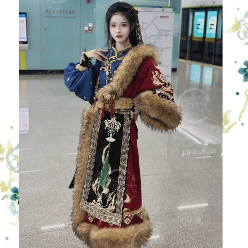 Ensemble trois pièces de broderie de style ethnique, robe tibétaine, photographie de tourisme, automne et hiver