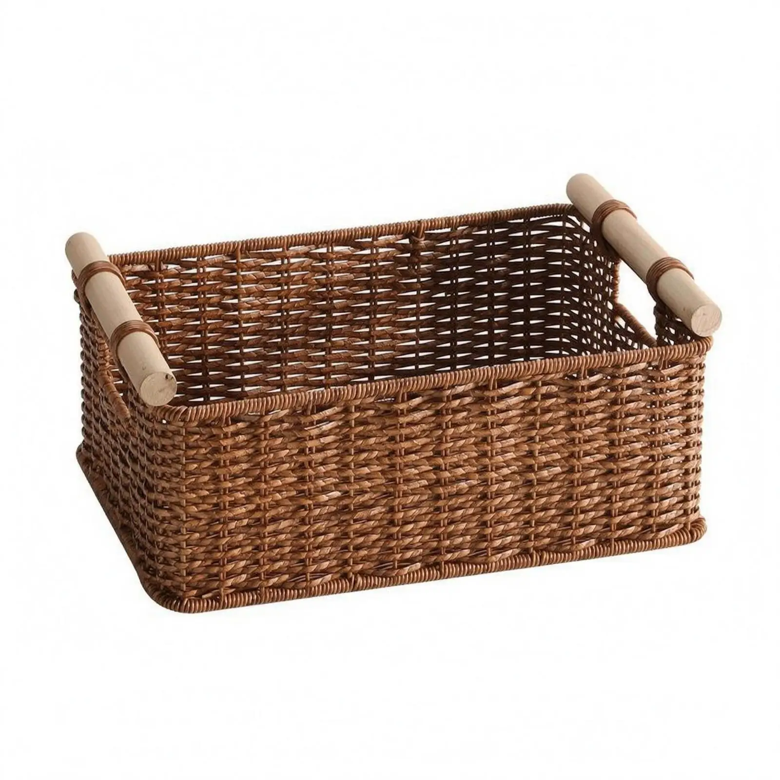 Rectangular Open Top Basket Reinforced Rattan Storage Basket Wood Look Handles