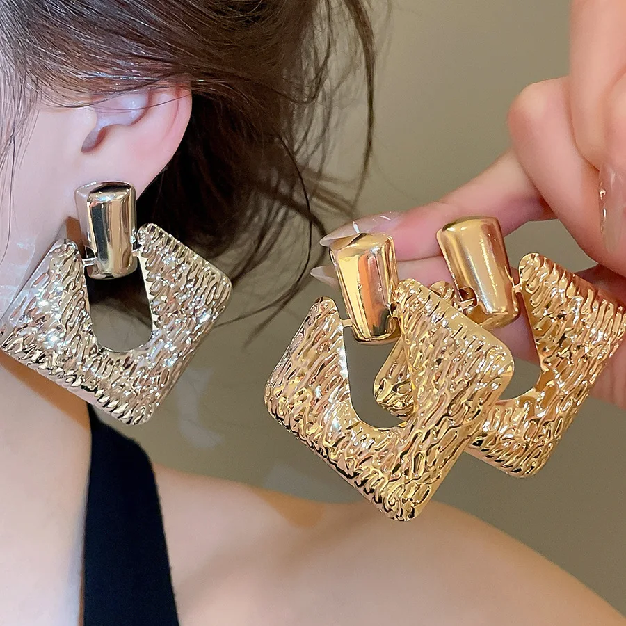 Trendy Geometric Square Metal Stud Earrings For Women Fashion Statement Big Earrings Jewelry Gift Gold Color Alloy Accessories