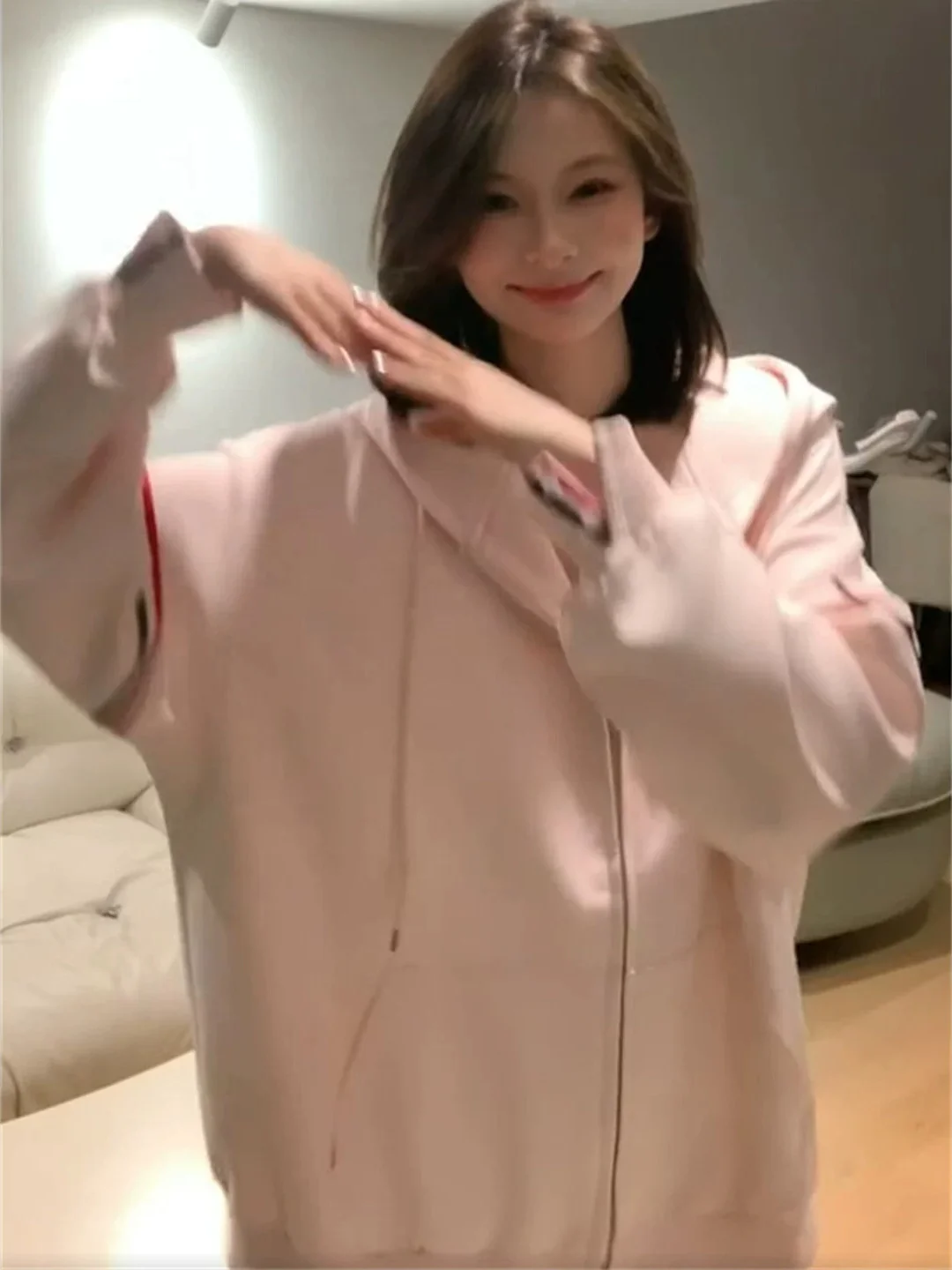 Loose Women's Zipper Hoodie Comfortable Korean College Style Three-Color Stripe Belted Pink Sweatshirt Fall New Arrival Versa...