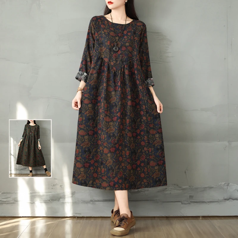 

Длинное платье трапециевидной формы из хлопка и льна в стиле ретро с круглым вырезом и цветочным принтом для больших размеров, женское осеннее платье с высокой талией