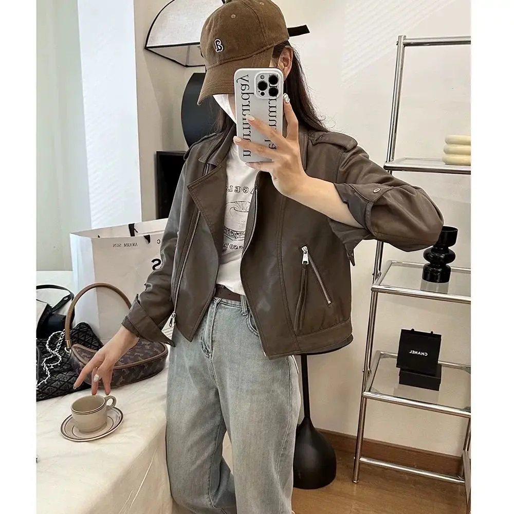 2025 Women Spring and Autumn new Coat motorcycle Detachable epaulettes motorcycle jacket leather jacket Coat