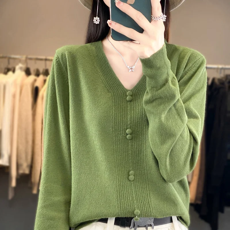 

Women V-neck Long Sleeve Pullover Fine Wool Solid Color Design Sense Sweater Autumn Winter Loose Bottoming Shirt Knitting Top