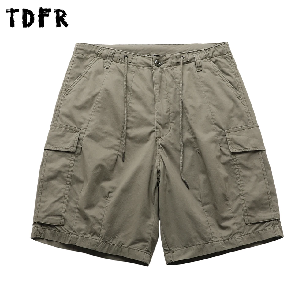 Big Pocket Cargo Shorts Mens Summer Solid Color Retro Safari Style Drawstring Waist Baggy Wide Leg Knee-length Shorts Man