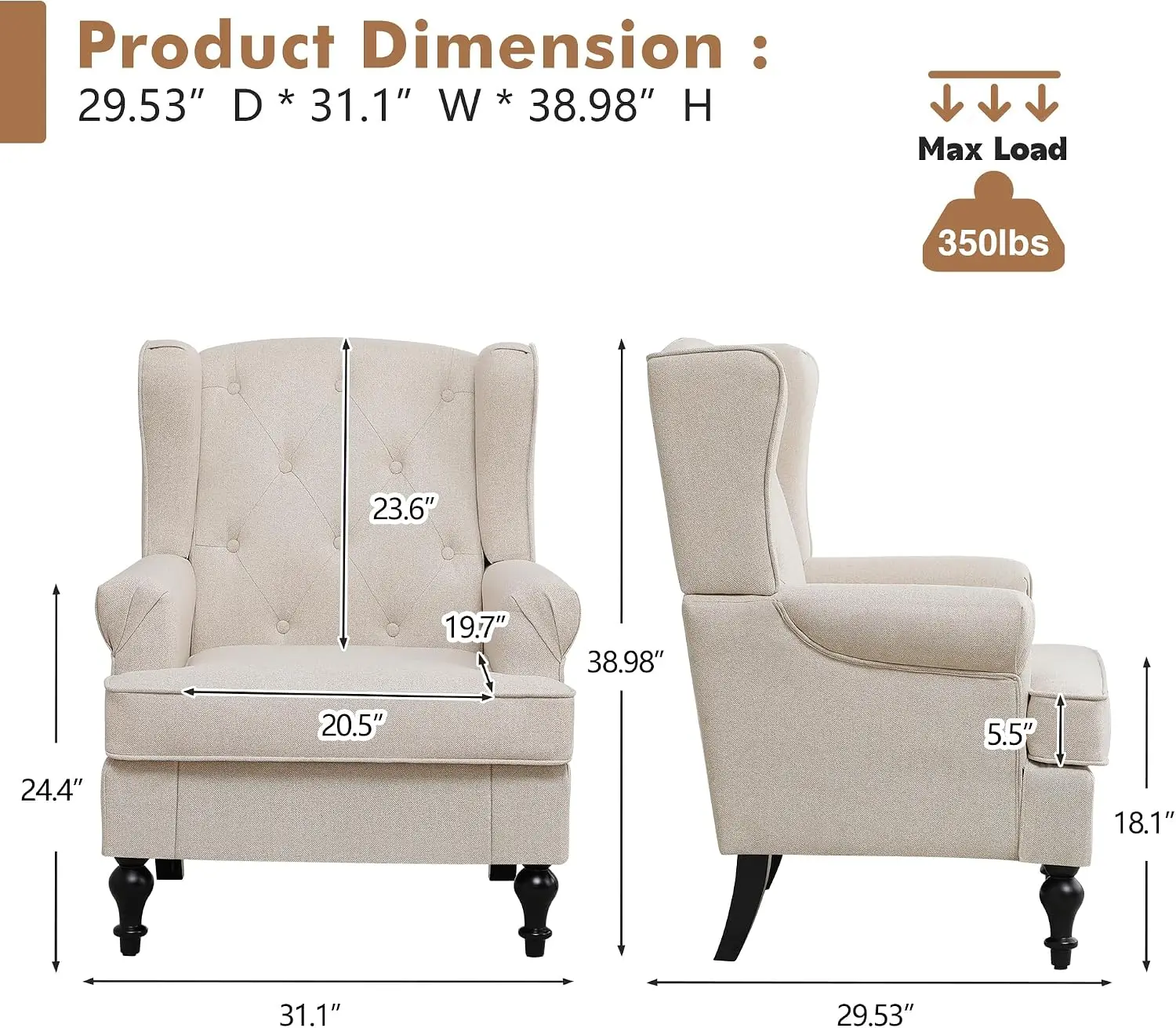 2 khaki mid century modern fabric wingback accent chairs upholstered armchairs with vintage legs high back comfy single sofas fo