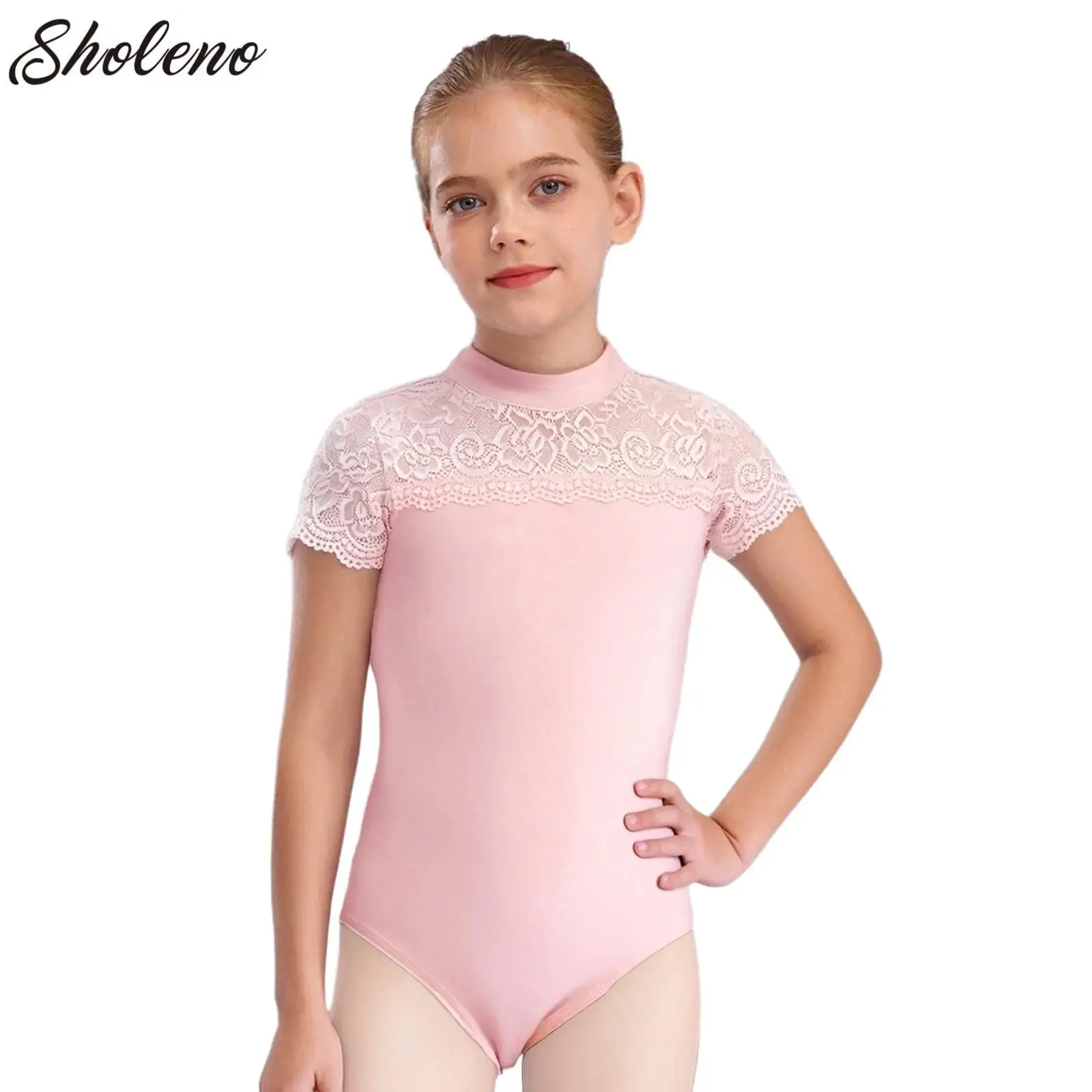 

Girls Lace Ballet Leotards Mock Neck Keyhole Back Gymnastics Leotard Cotton Ballet Bodysuit Kids Dance Leotards for Girls