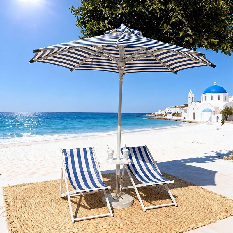 Outdoor bed loungers Blue and white striped parasols Outdoor holiday bed and breakfast Internet celebrity clock in pool Beach