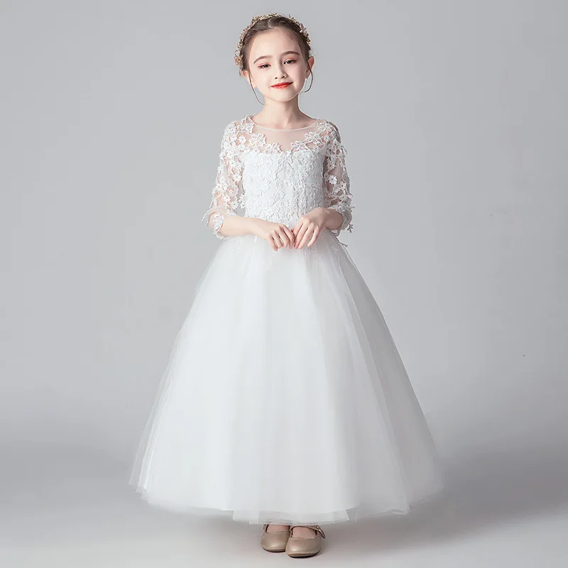 Summer Baby Girl White Floral Princess Dress Children Long Tulle Wedding Party Dress Kids Lace Vintage Clothes New In Dress