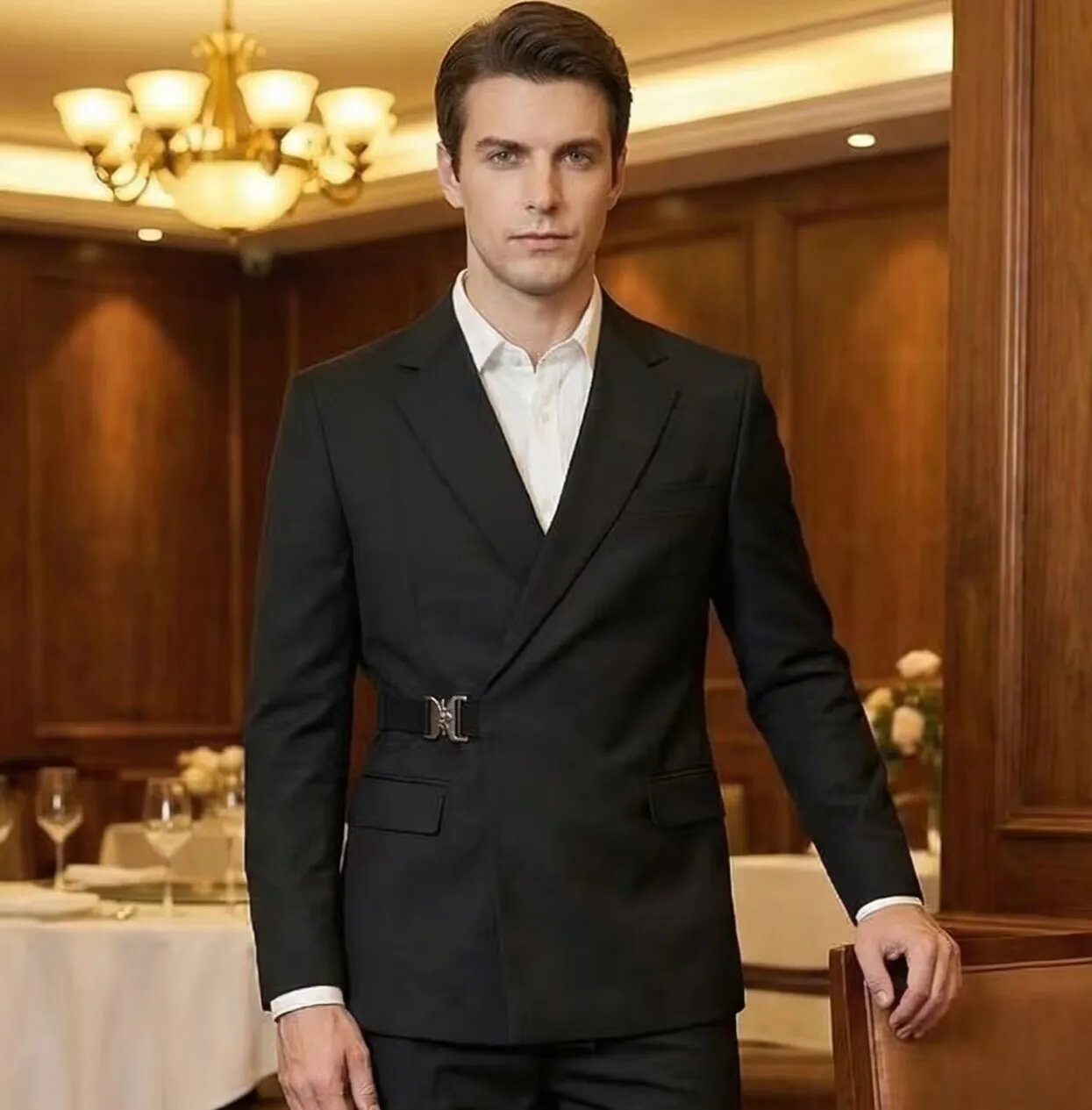 

British Style Suit Jacket Male Elegant Gentleman Business Casual Professional Formal Dress Body Belt A Double Breasted