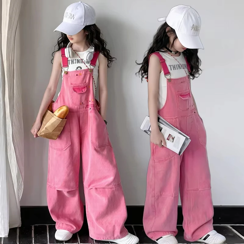 Newly arrived Girl Pink Denim Dungarees Bib Jeans for Teens Girl Casual Suspender Jumpsuit Kids Fashion Pants Overalls for 4-14Y