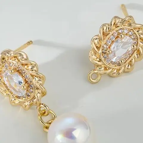 1Pair 14K Genuine Gold Earrings with Oval-Shaped Zirconia Lace Design DIY Pendants Niche Accessory
