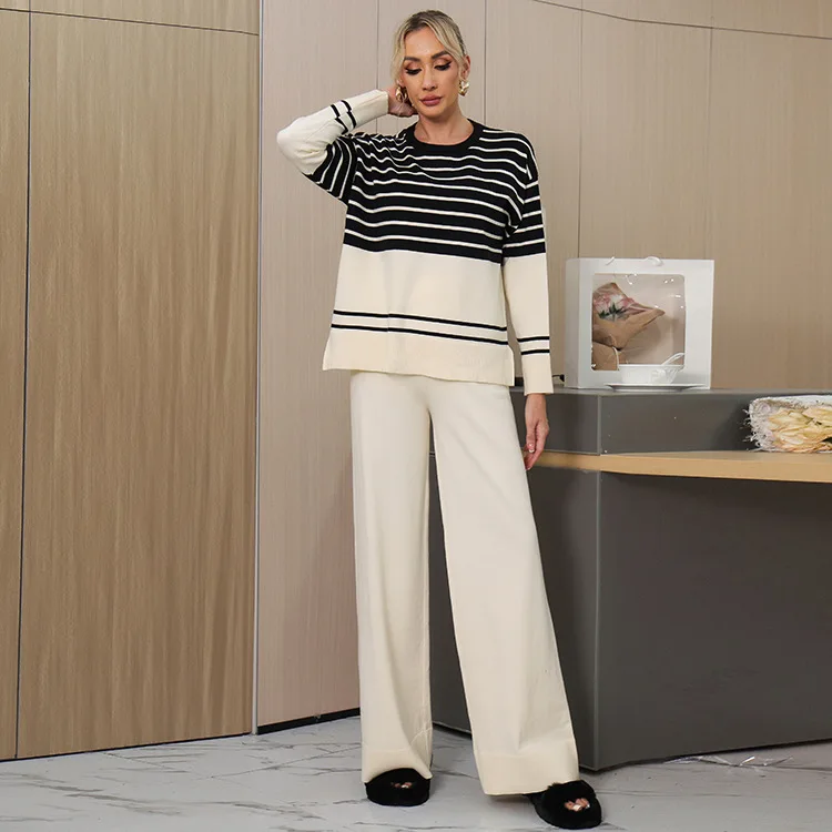 Women Sweater Winter 2 Piece Sets Elegnat Knitted Home Suits Female Sweaters Stripe Top Wide Leg Pants Vintage Womens Outfit