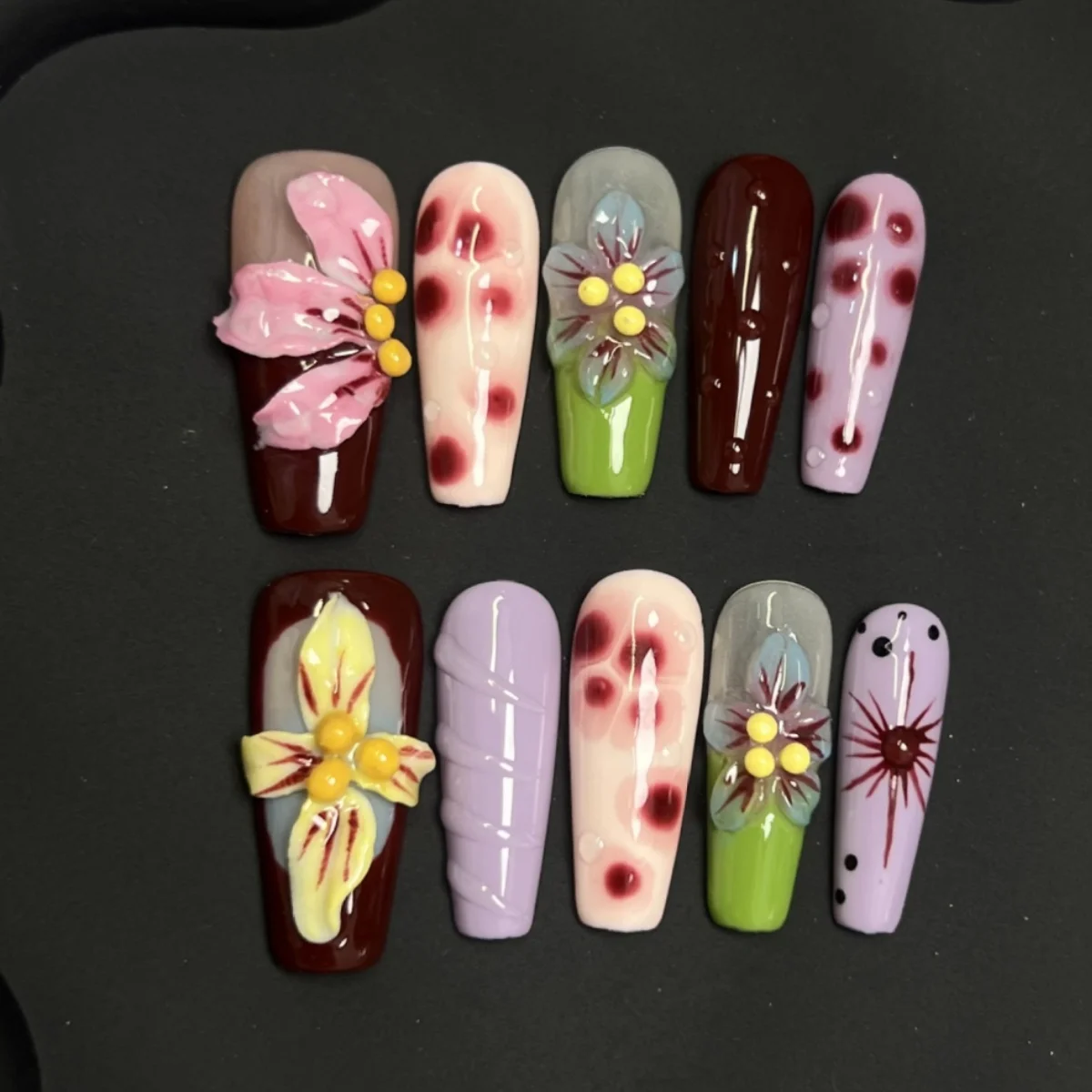 

10pcs Summer Colorful Handmade Press on Nails Art Wearable Flower Pearl Design Mid-length Ballet False Nail Coffin Fake Nail Tip
