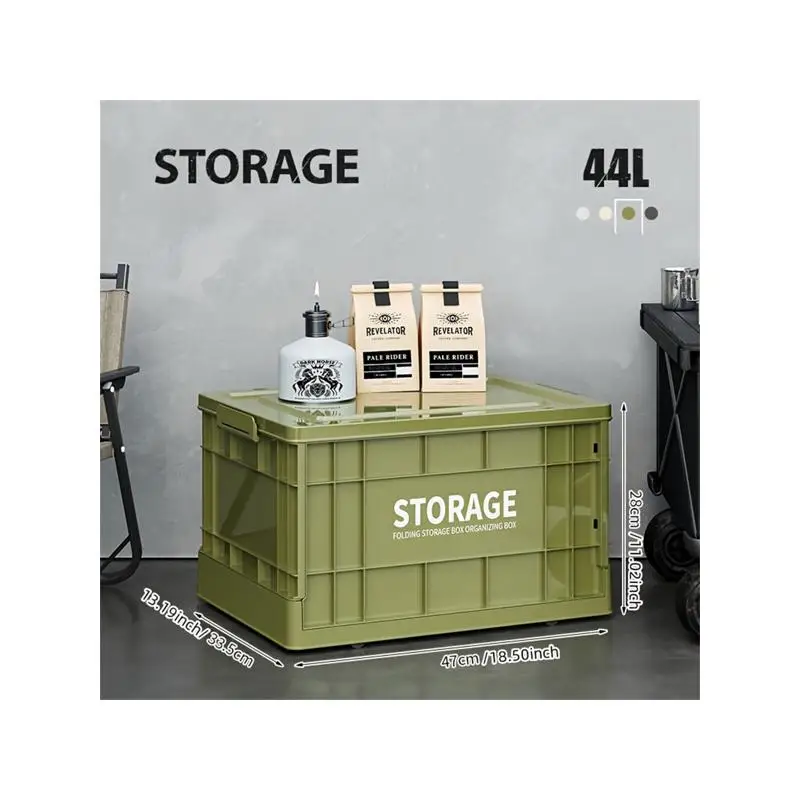 

44L Stackable Storage Bins with Lids - Collapsible Totes for Garage, Camping, and Outdoor Organization - Green with Wheels - 1