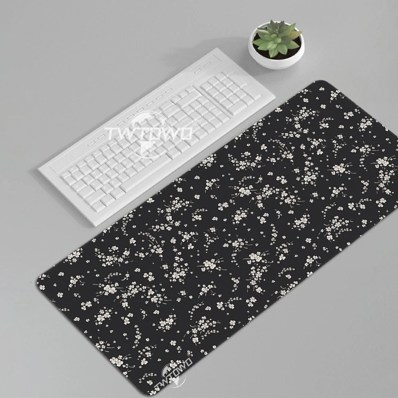 Delicate White Flowers Black Mouse Pad Gaming printon demand Custom Home Mousepad XXL Playmat Natural Rubber Desktop Mouse Pad