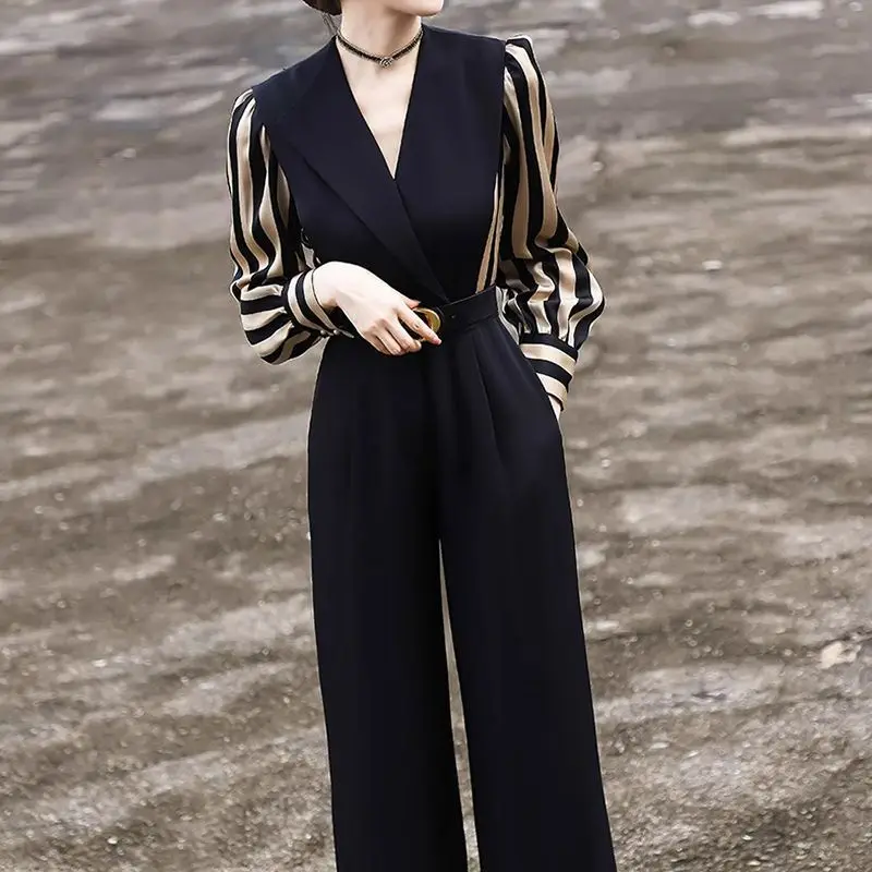 

2025 Spring New Fashion Temperament Commuter Striped High-waisted Lace-up High-end Light Luxury High-waisted Drape Jumpsuit