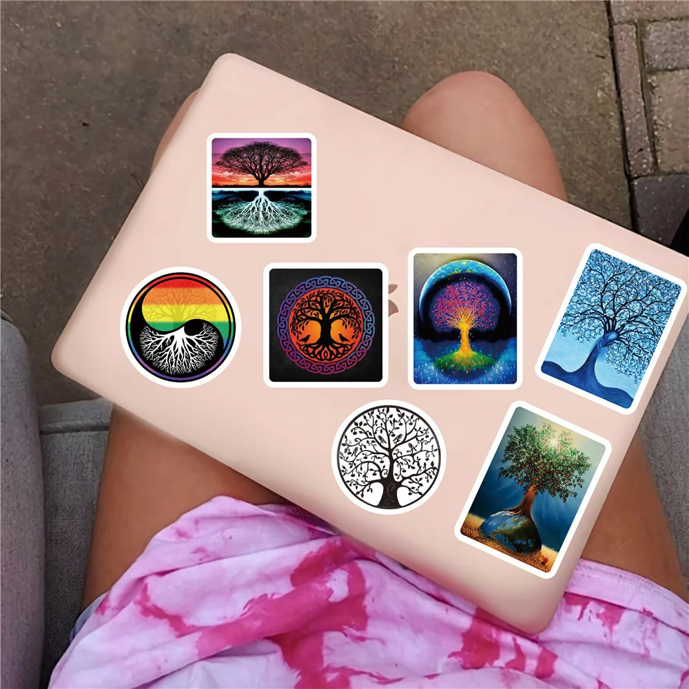 50pcs Retro Miracle Tree of Life Stickers For Notebooks Stationery Guitar Belief Totem Sticker Vintage Scrapbooking Supplies