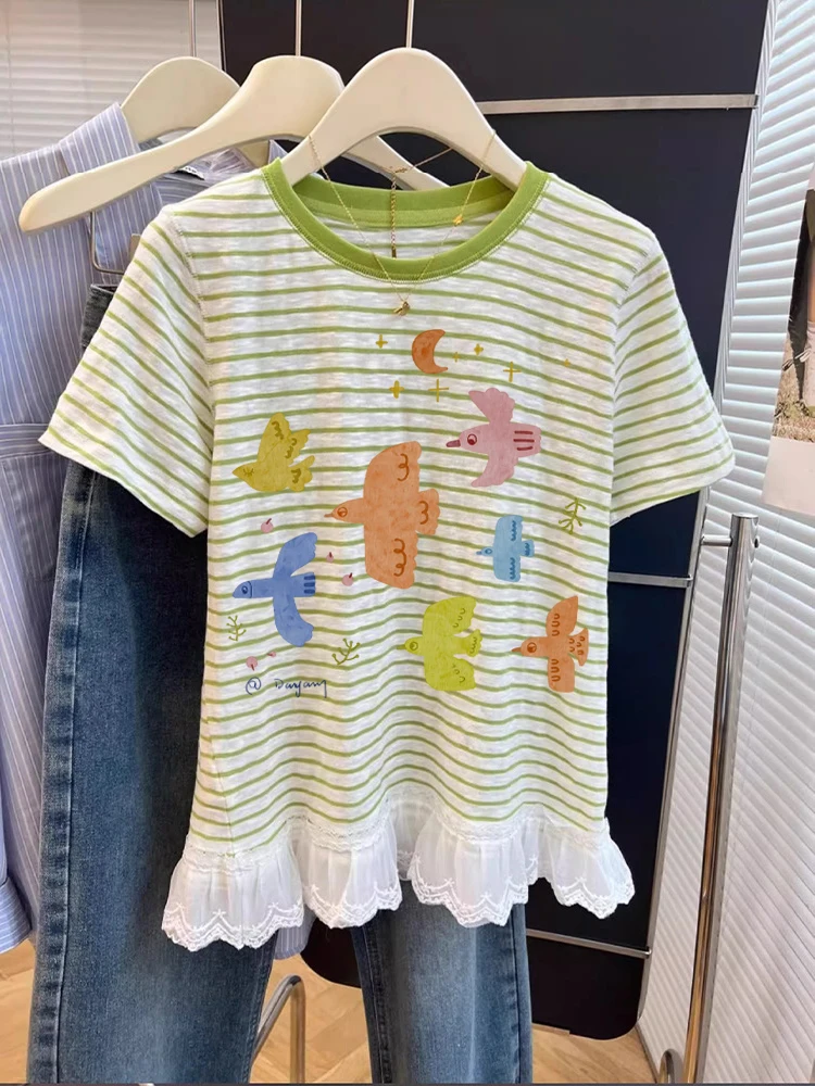 Korean Sle Casual ort Sve T-irt ex Summer Creative Stripe Print Top Moisture ng Sweat Absorbent Regular Fit